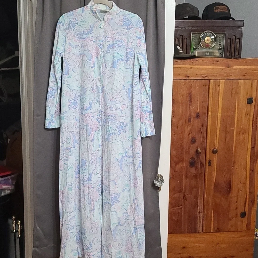 VTG J C Penney Womens Long Robe Nylon Marbled Pastels Pockets‎ Size L 16/18 EUC